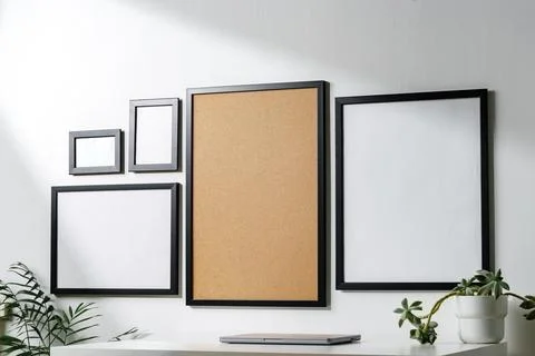 Set of black frames on white wall with copy space Stock Photos
