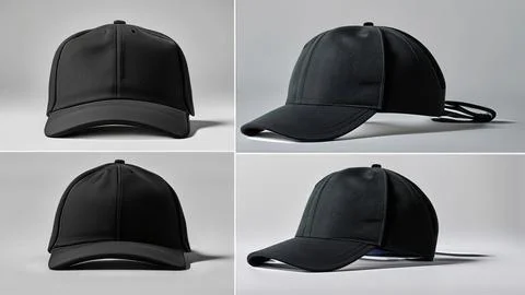 Set of black front and side view hat baseball cap Stock Photos