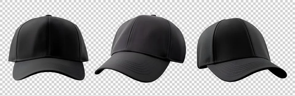 Set of black front and side view hat baseball cap on transparent cutout PNG Stock Photos