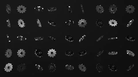 Set black Gears Wall engine gears wheels slowly rotating Front View  Stock Footage 130989144