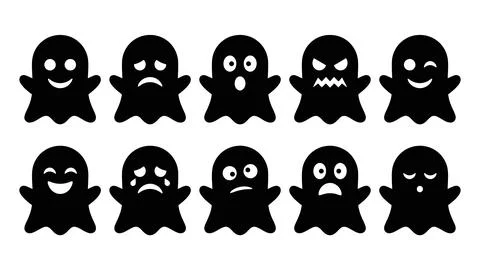 Set of black ghost icons with waving arms and emotional facial expressions .. Stock Illustration