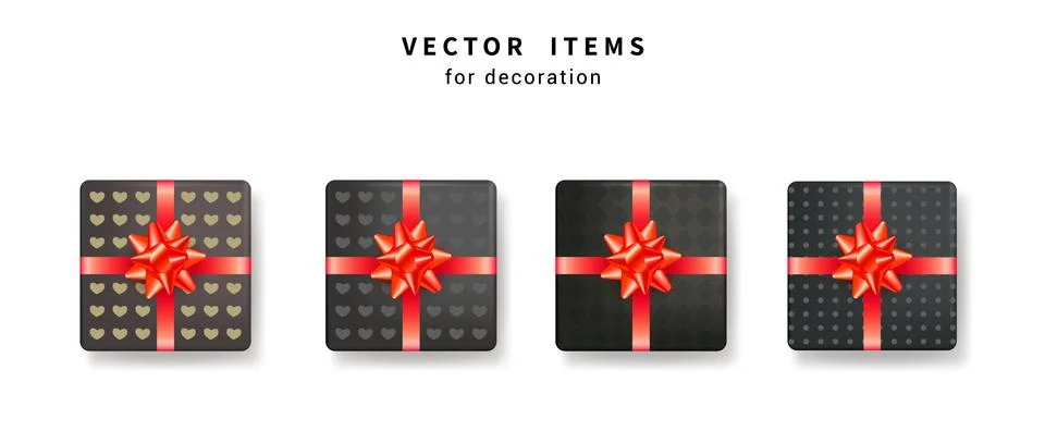 Set of black gift boxes with red gift bows and ribbon isolated on white Stock Illustration