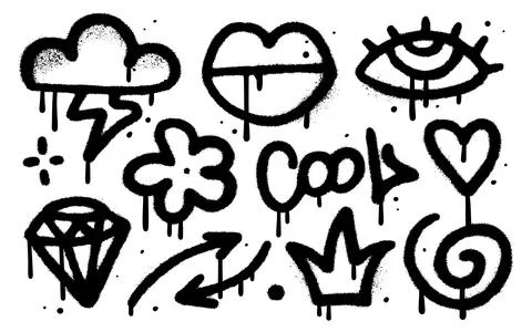 Set of black graffiti sprayed elements. Simple symbols, eye, crown, arrow, star Illustrazione stock
