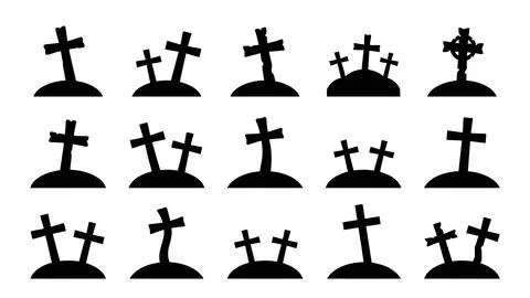 Set of black graveyard cross icons with tomb silhouettes for halloween and .. Stock Illustration