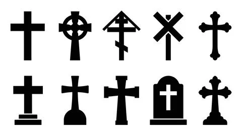 Set of black graveyard cross silhouettes and headstone symbols on white bac.. Stock Illustration