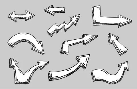 Set of black grunge doodle comic hand drawn arrows isolated. Sketch grafity Stock Illustration