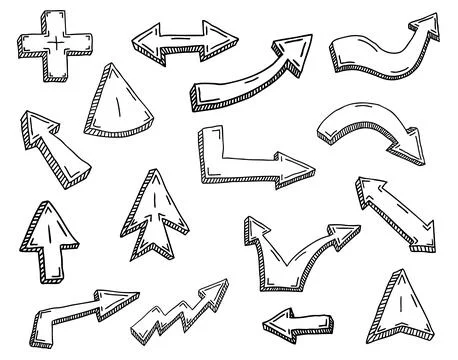 Set of black grunge doodle comic hand drawn arrows and mouse cursors isolated on Stock Illustration