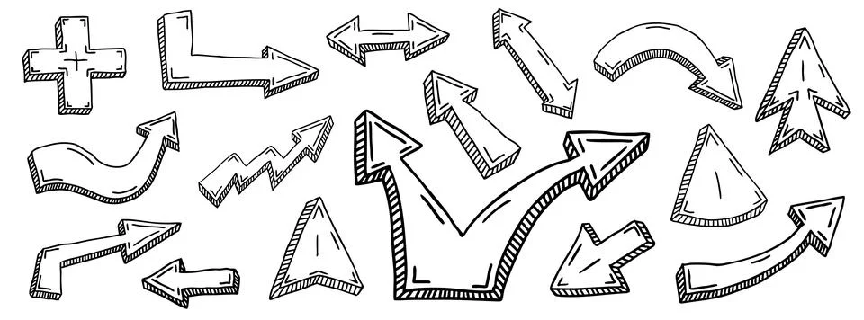 Set of black grunge doodle comic hand drawn arrows and mouse cursors isolated on Stock Illustration