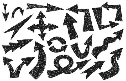Set of black grunge doodle hand drawn arrows isolated on white. Sketch style ink Stock Illustration