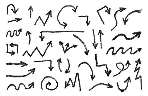 Set of black grunge doodle hand drawn arrows isolated on white. Sketch style ink Stock Illustration