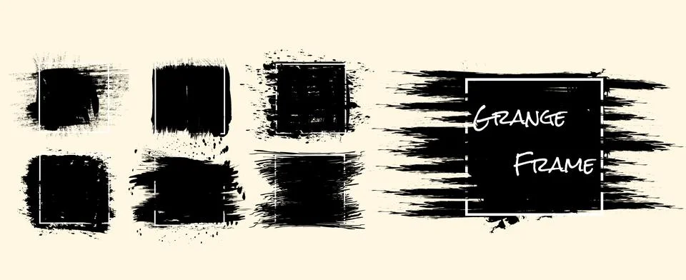 Set of black grunge frames with brush strokes. Distressed vector banners with Stock Illustration