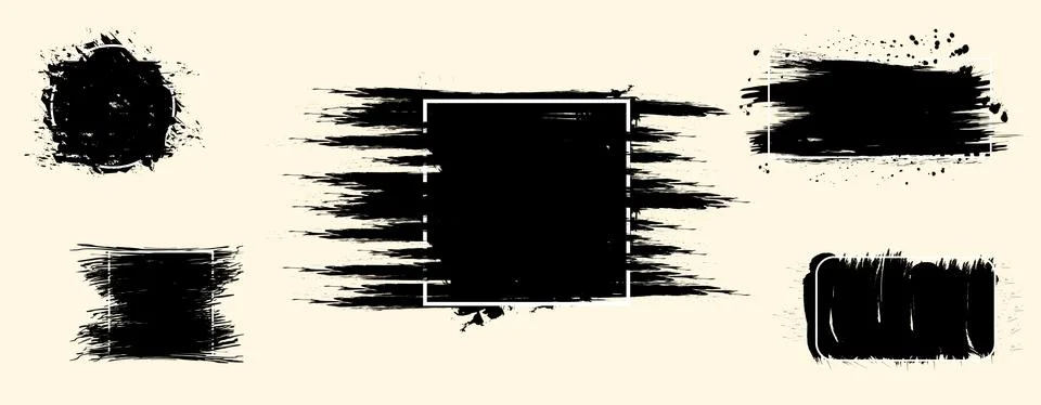 Set of black grunge frames with brush strokes and ink splatters. Abstract vec 스톡 일러스트