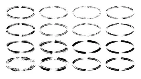 Set of black  grunge frames. Oval dry brush ornament bordes collection. Vecto Stock Illustration