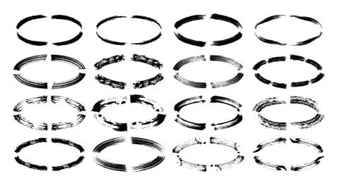 Set of black grunge ink frames. Oval dry brush ornament bordes collection. Ve Stock Illustration