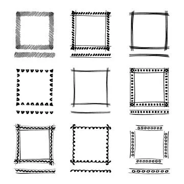 Set of Black Grunge ink Frames. Abstract artistic hand painted square frames. Stock Illustration
