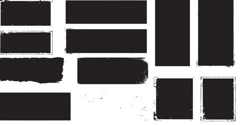 Set of black grunge rectangular frames with distressed edges and rough ink textu Stock Illustration