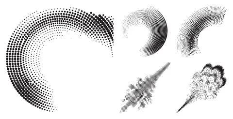 Set of black halftone pattern elements featuring circular arcs and abstract spra Stock Illustration