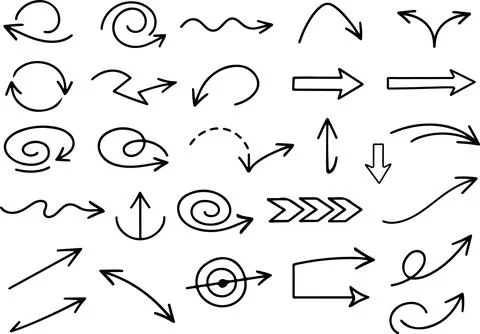 Set of black hand drawn arrows pointing in different directions on paper Stock-Illustration