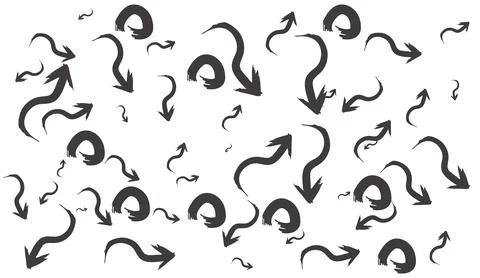 Set of black hand drawn brush stroke arrows and circular swirls on a white Stock Illustration