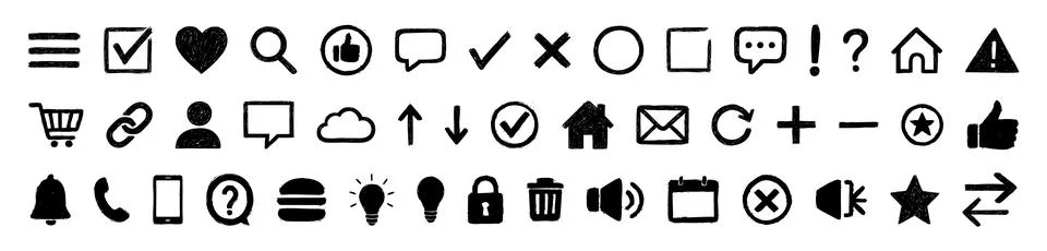 Set of black hand drawn interface icons isolated on white background. Concept Stock Illustration
