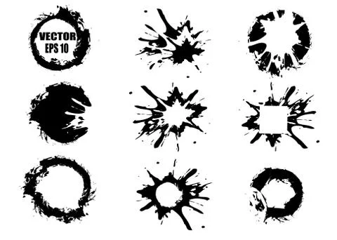 Set of black hand-painted blots, on white background and ink splatter. Vector Ilustración de archivo