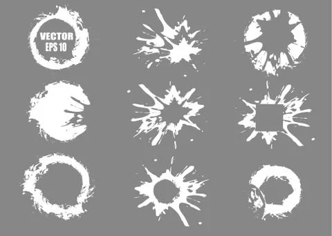Set of black hand-painted blots, on white background and ink splatter. Vector Stock Illustration