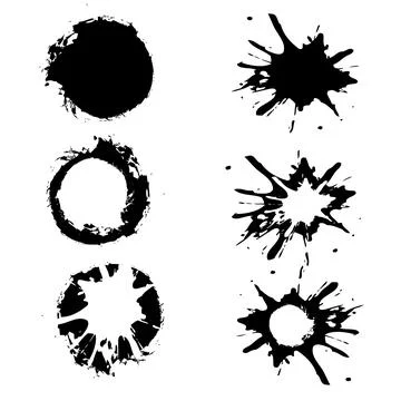 Set of black hand-painted blots, on white background and ink splatter. Vector Stockillustratie
