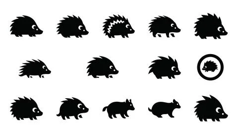 Set of black hedgehog icons, simple stylized silhouettes of cute animals in.. Stock Illustration