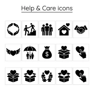Set of black help and care icons including hands, people climbing stairs, f.. Stock Illustration