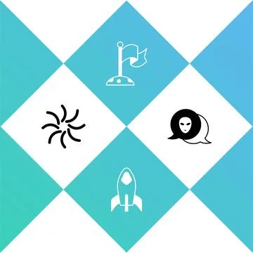 Set Black hole, Rocket ship, Moon with flag and Alien icon. Vector Stock Illustration