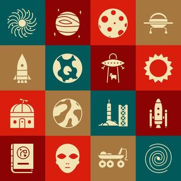 Set Black hole, Space shuttle and rockets, Sun, Moon, Earth globe, Rocket ship Ilustração Stock