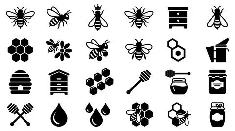 Set of black honey and bee icons for apiary with collection comprehensive set Stock Illustration