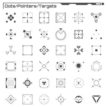 Set of black hud dots, pointers, targets infographic elements. Futuristic u.. Illustrazione stock