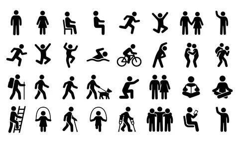 Set of Black Human Pictograms Representing Diverse Daily Life Activities Stock Illustration