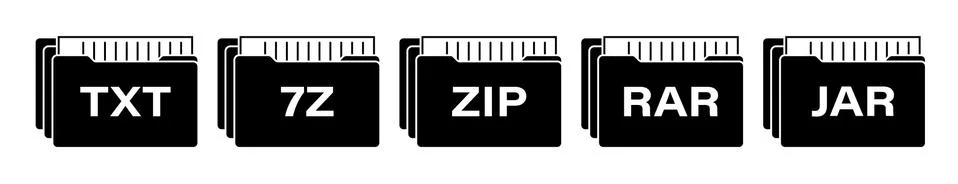 Set of black icons of computer data archives with various extensions. Storage 스톡 일러스트