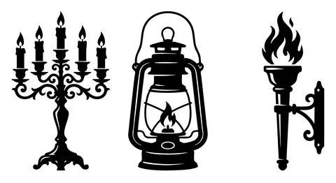 Set of black icons featuring a candelabra, an old oil lantern, and a flaming Stock Illustration