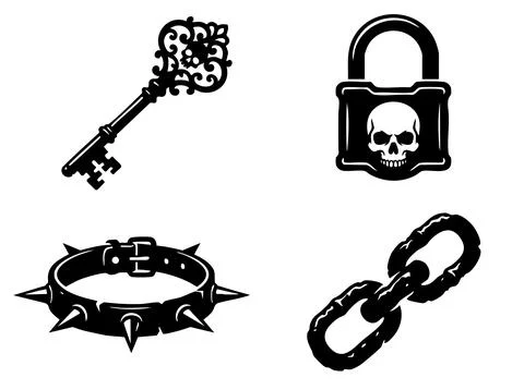 Set of black icons featuring an ornate vintage key, a skull padlock, a spiked Stock Illustration