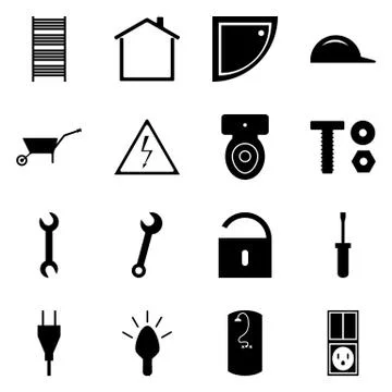 Set of black icons flat. A set of vector signs construction concept. Repair c Stock Illustration