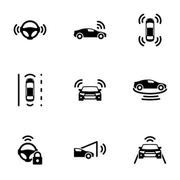 Set of black icons isolated on white background, on theme Autonomous driving Stock Illustration