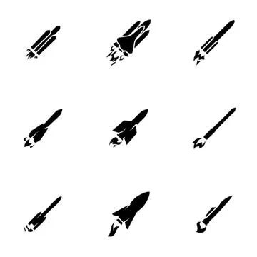 Set of black icons isolated on white background, on theme Rocket Stock Illustration