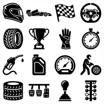 Set of Black Icons Representing Professional Auto Racing and Motor Sport Gear Illustration