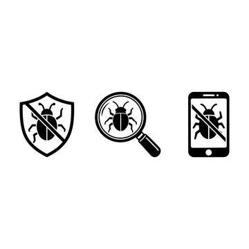 Set of black icons representing software bug detection and protection Illustration