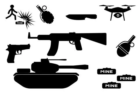 Set of black icons of weapons: machine gun and two grenades Stock Illustration