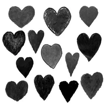Set with black illustrations of heart shape drawn with chalk pastels isolated on Stock Illustration