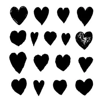 Set with black illustrations of heart shape drawn with chalk pastels isolated on Stock Illustration
