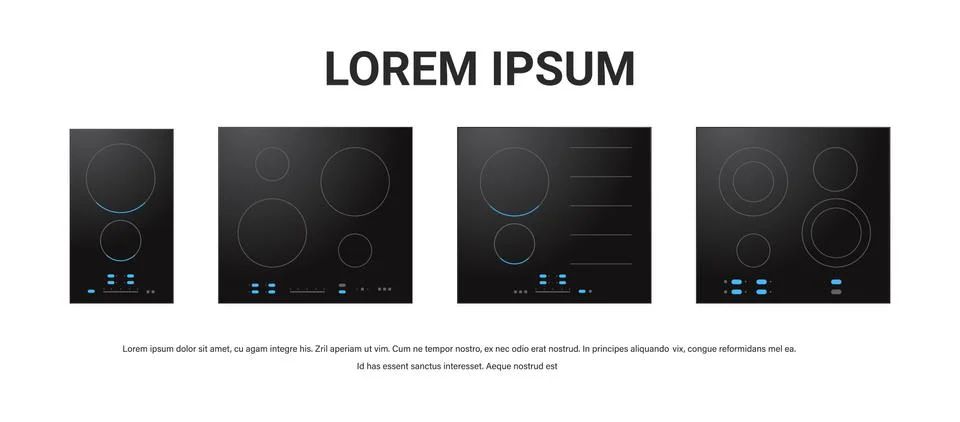 Set black inductive hob with ceramic surface top view of electric stove domestic Stock Illustration