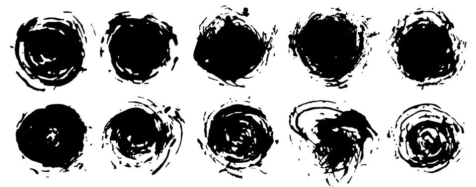 Set of black ink round splash. Circle frame painted, vector background. Stock Illustration