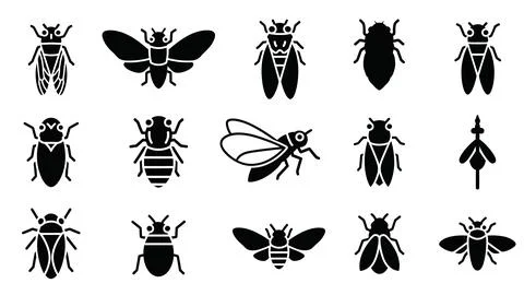 Set of black insect icons featuring various beetles and flying bugs. Stock Illustration