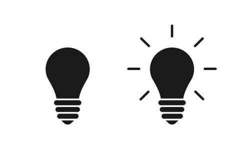 Set of black isolated icons of light bulb on white background. Silhouette of  Stock Illustration