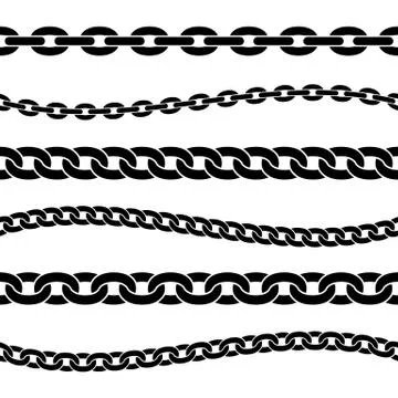 Set of black isolated silhouette of chains on white background. Seamless patt Stock Illustration